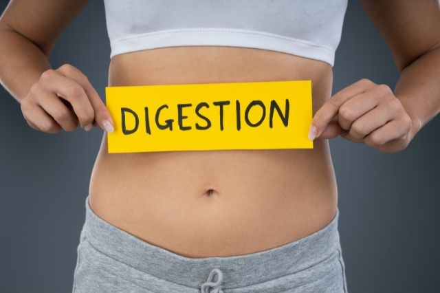 A woman holding a sign with the text digestion