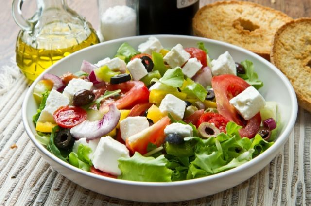 greek salad served in a bowl