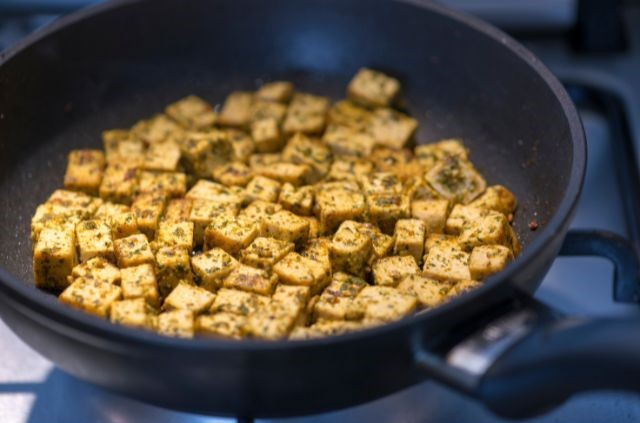 seasoned tofu on a pan