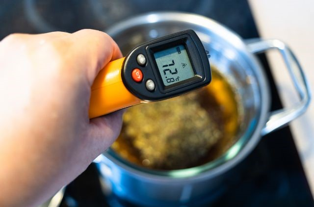a person checking the temperature of a food cooking