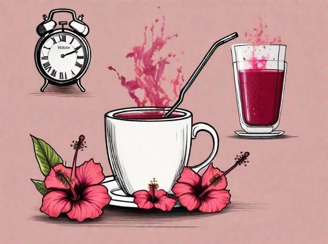 picture of hibiscus tea and a clock behind it (best time to drink hibiscus tea for weight loss)