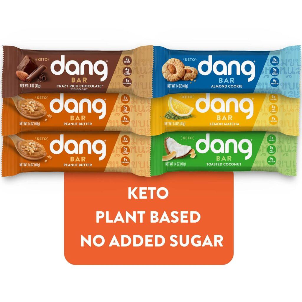 three bars of Dang keto plant based no added sugar