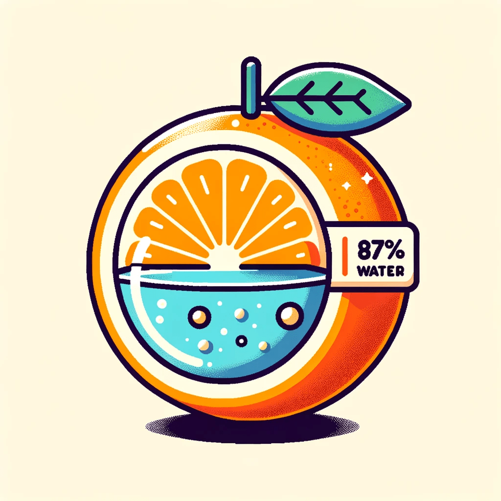 Vector design of an orange with a transparent section showing water inside. A label on the side indicates '87% water content'.