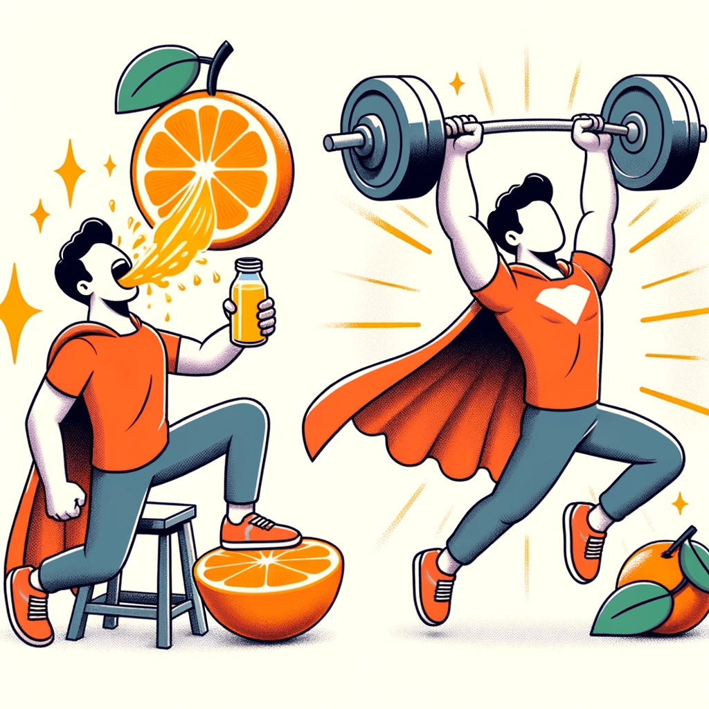 Illustration of a person eating an orange and then transforming into a supercharged version, lifting heavy weights effortlessly, symbolizing the energy boost from the orange.