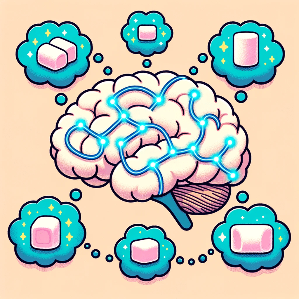 Illustration of a brain with luminescent dopamine receptors. These receptors are connected by a sugary trace that guides to a marshmallow depiction. Surrounding this brain, thought bubbles manifest in a sequence, with each subsequent bubble showcasing more marshmallows, illustrating escalating urges.