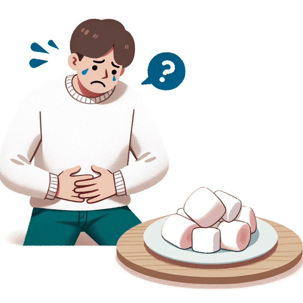 Illustration of an individual clutching their stomach in discomfort, with a plate of half-eaten marshmallows nearby. Their expression is one of regret and discomfort, indicating tummy issues after indulging in the marshmallows.