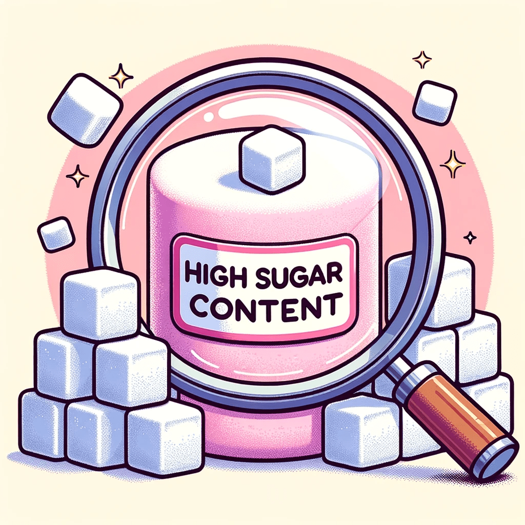 Illustration of a marshmallow with a label that reads 'High Sugar Content'. Surrounding the marshmallow are sugar cubes stacked high and a magnifying glass zooming in on sugar grains on its surface.