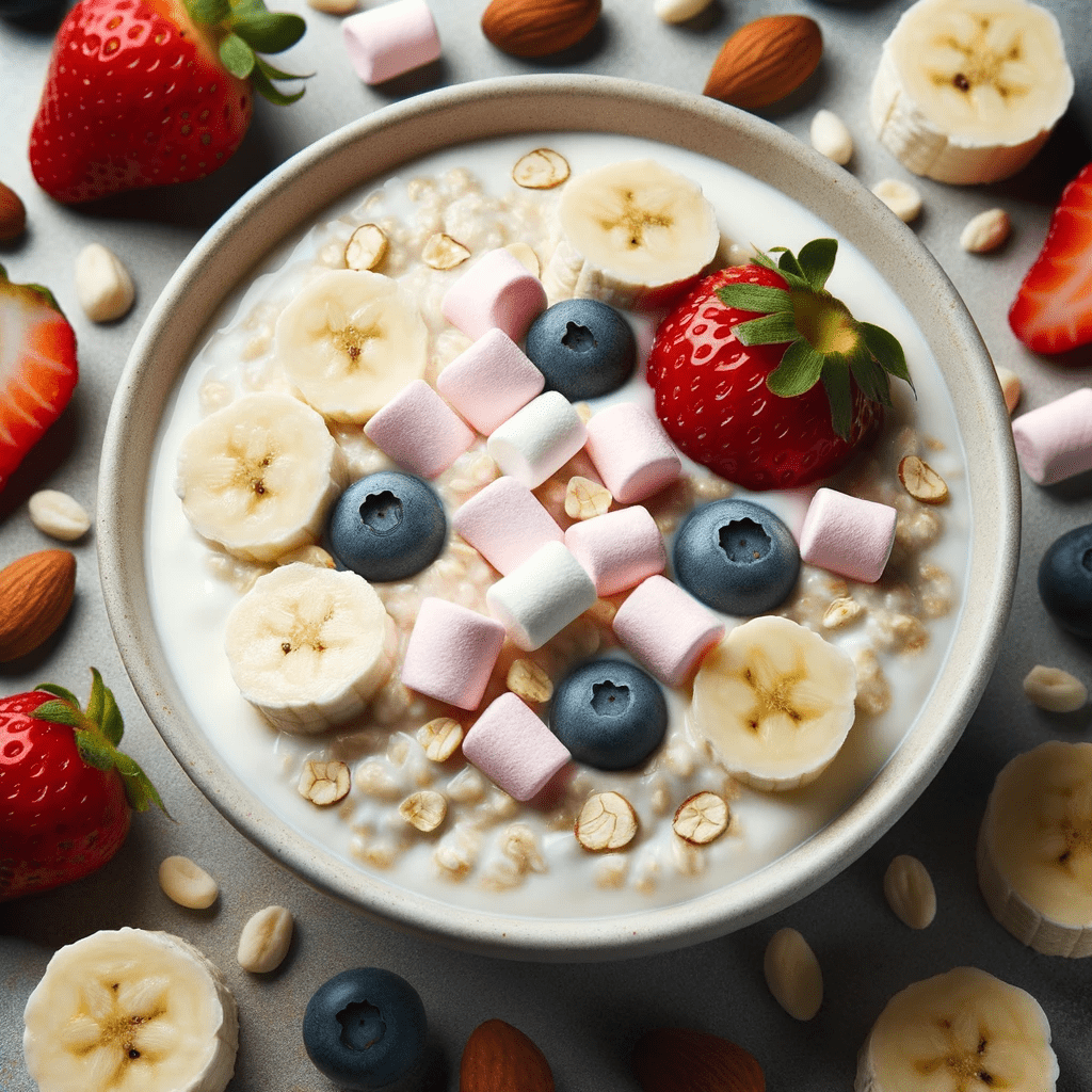 Photo of a bowl filled with creamy oatmeal or yogurt. On its surface, a light sprinkle of mini marshmallows can be seen, acting as a subtle highlight. Surrounding the bowl, an array of fresh fruits like strawberries, blueberries, and sliced bananas, along with a variety of nuts, emphasize the marshmallows as just an accent to this wholesome dish.
