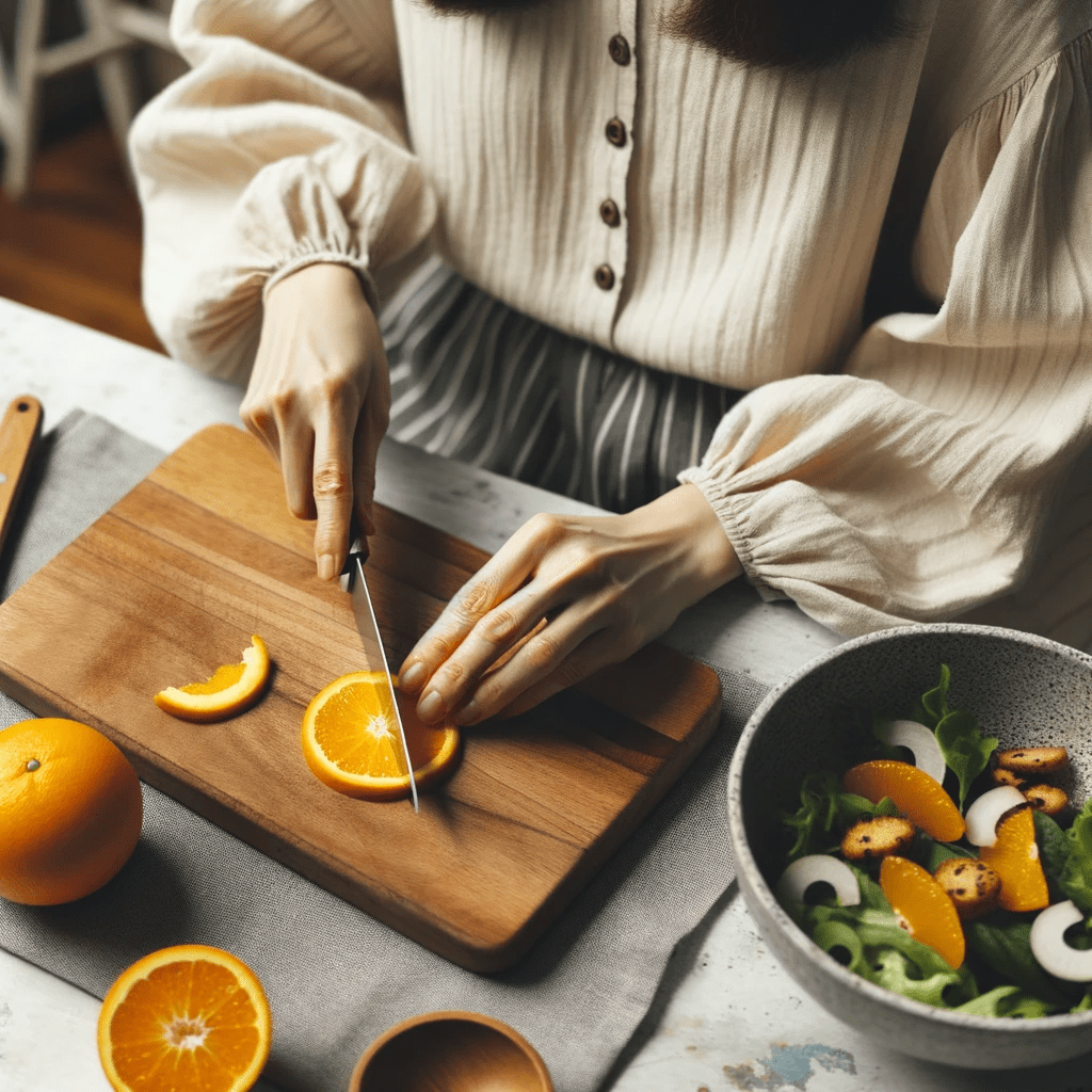 a woman cutting an orange to add it to a salad bowl