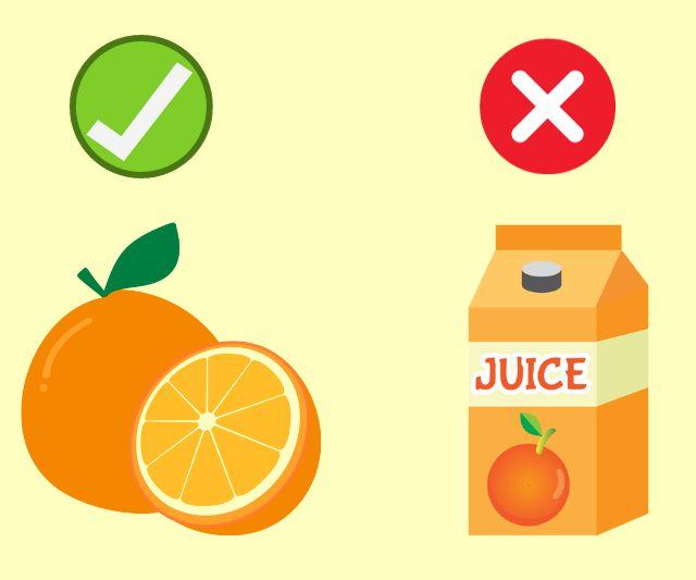 Illustration of an orange with a 'green tick' sign and a glass of orange juice with a 'cross' sign, highlighting the difference in their weight loss friendliness.
