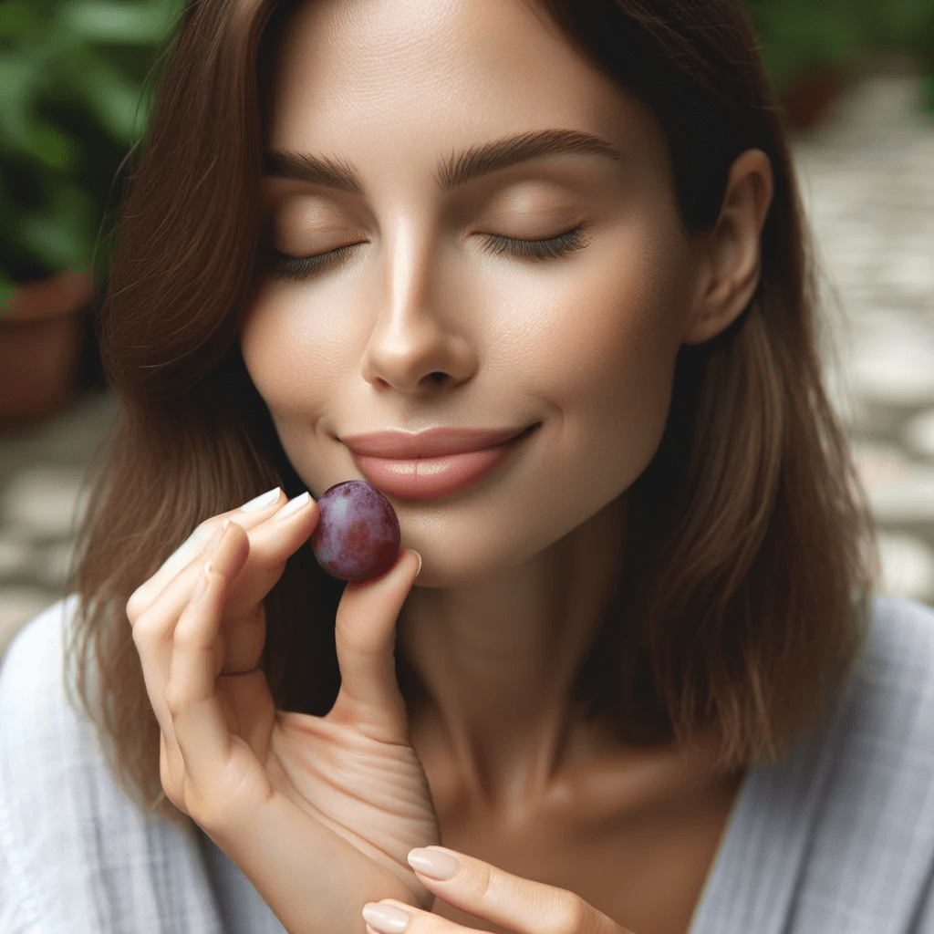 Photo of a woman with medium-length brown hair and fair skin, seated in a serene outdoor setting. She's holding a grape close to her eyes, observing its texture and color. With a gentle smile and closed eyes, she savors the grape, deeply immersed in the experience of mindful eating.