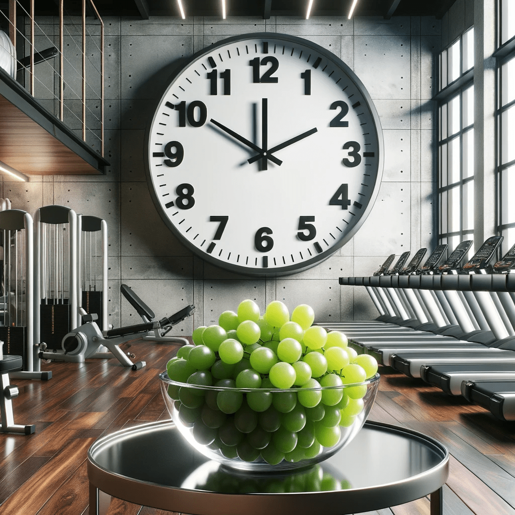 A gym with wooden floors, a ticking clock, and green grapes displayed on a glass table