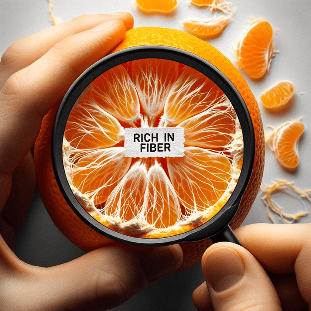 Photo of an orange being peeled, revealing its fibrous inner texture. A magnifying glass hovers over it, emphasizing the fiber strands, with a label saying 'Rich in Fiber'.