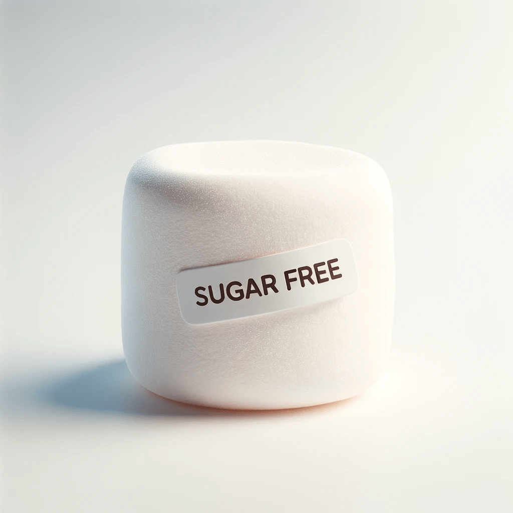 Photo of a fluffy white marshmallow with a clear label reading 'Sugar-Free' against a pristine background, emphasizing its sugarless nature.
