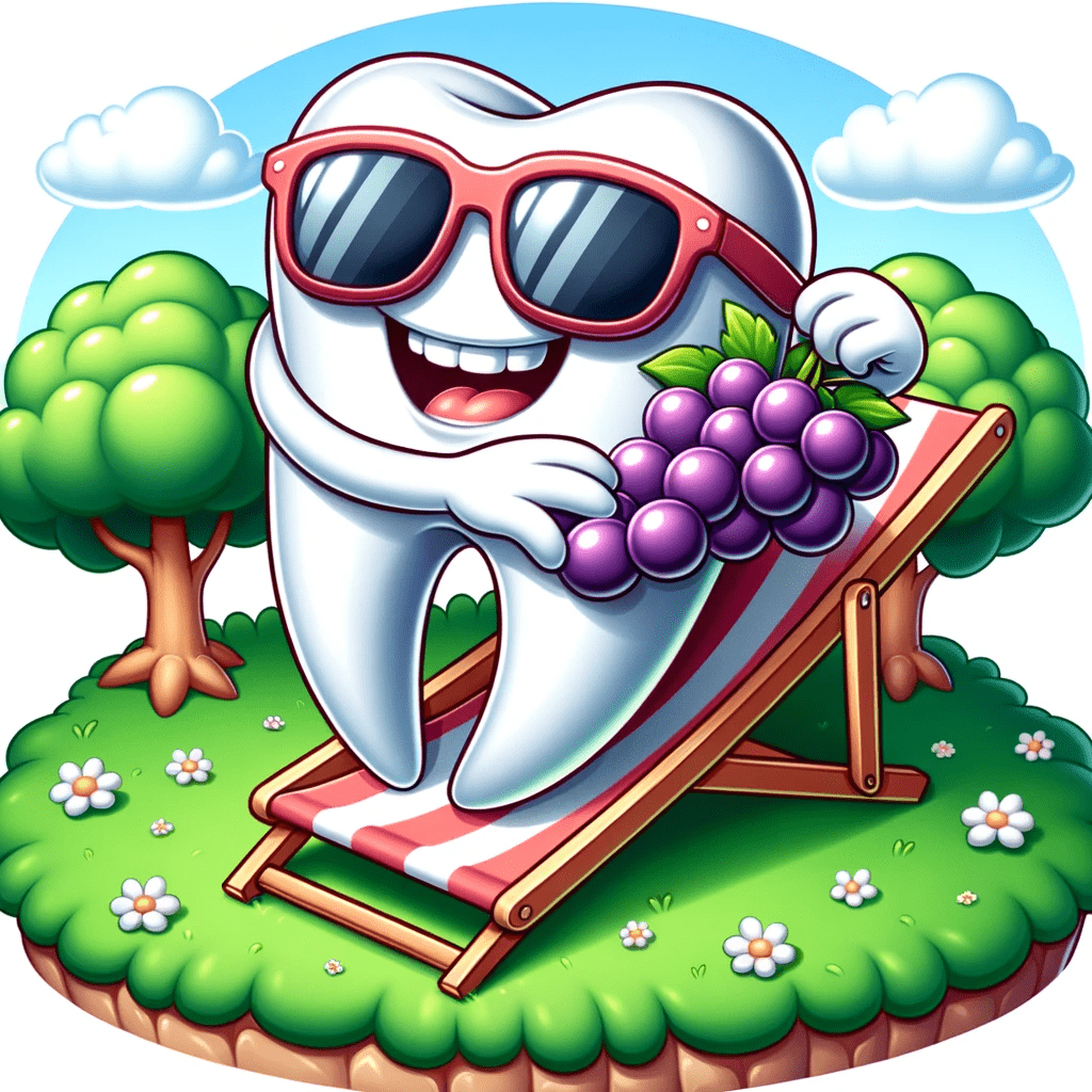 Illustration of a symbolic representation where a large, shiny tooth stands in a meadow. It's wearing sunglasses and relaxing on a lounge chair, happily munching on a cluster of fresh, juicy grapes with a satisfied expression