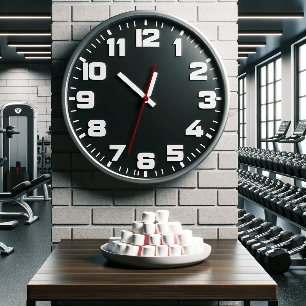 Photo of a modern gym interior with various fitness equipment in the background. Prominently on the wall, a large clock displays a ticking countdown. Directly beneath the clock, a shelf or table holds a small plate with a few marshmallows on it, suggesting the strategic timing of their consumption before the workout commences.

