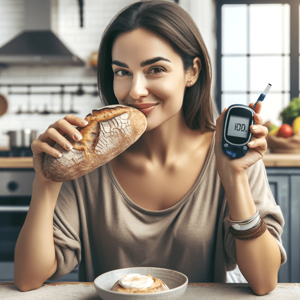A woman smiling, holding a piece of sourdough bread and a blood glucose monitor displaying a reading.