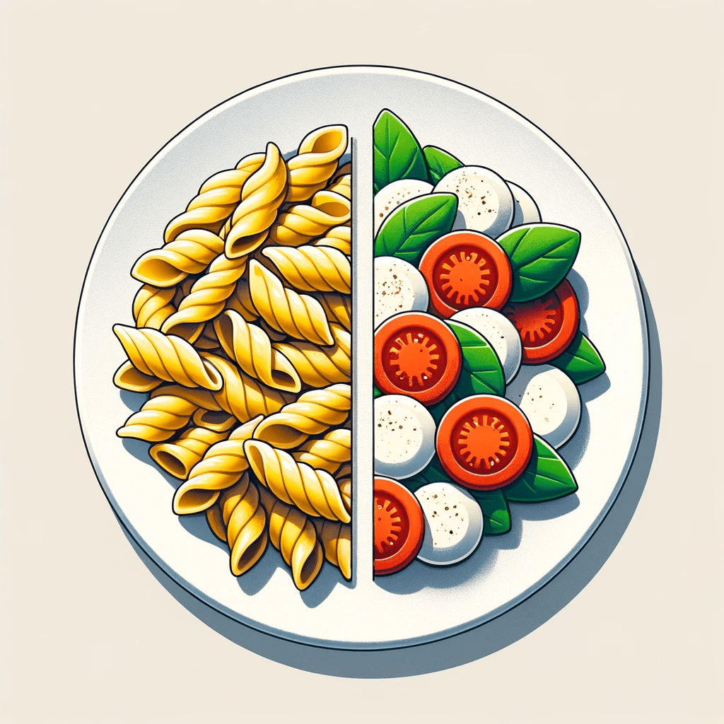 A plate divided in half, one side filled with twisted pasta and the other with a neatly arranged Caprese salad composed of slices of tomato, mozzarella, and basil leaves.