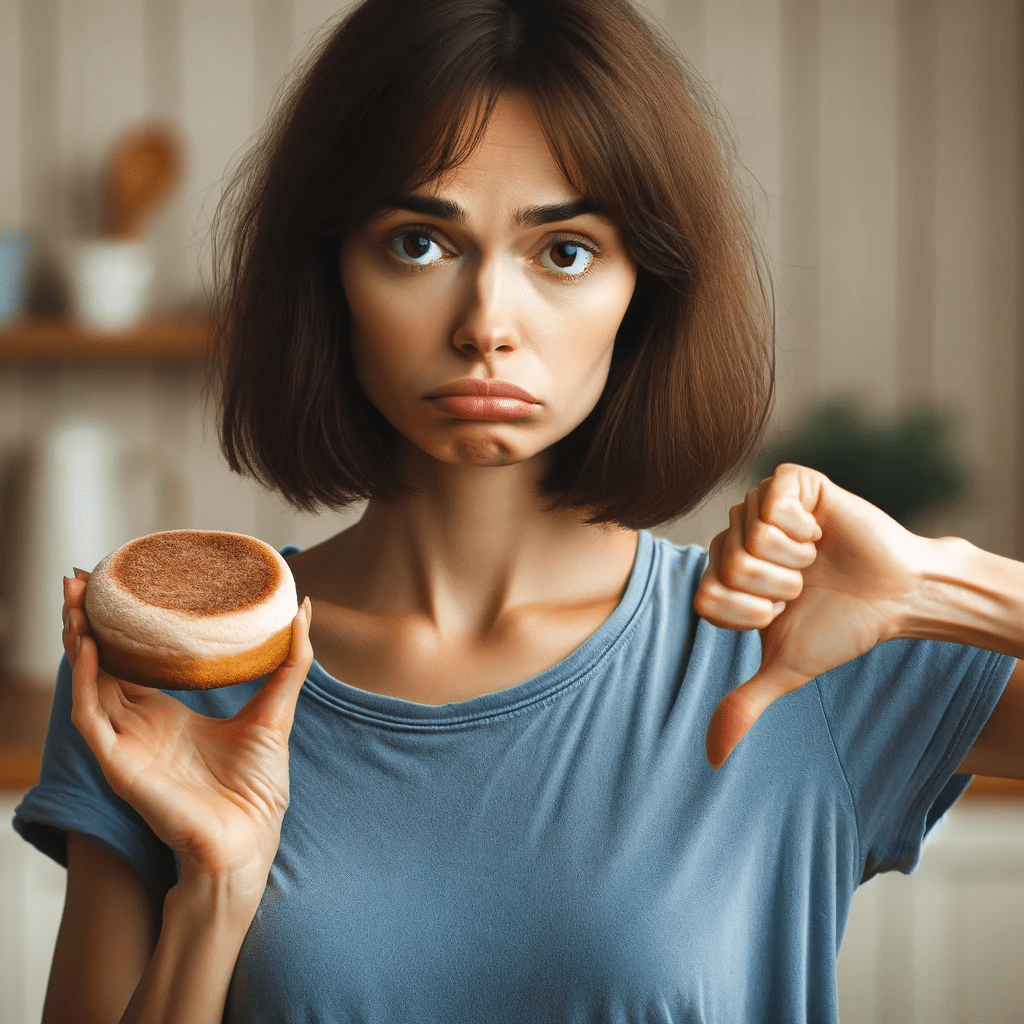 A woman with medium skin tone and shoulder-length bob hair, wearing a blue t-shirt, holds an English muffin in one hand while giving a thumbs down with the other, her face showing a sad expression in a softly lit kitchen.