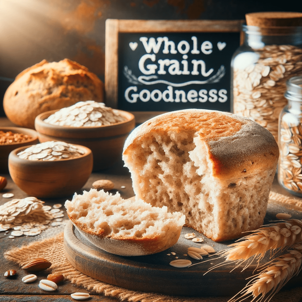 A whole grain English muffin sits tantalizingly open-faced on a wooden serving board, with its fluffy interior exposed, alongside bowls of oats and seeds, a jar of wheat, and stalks of wheat, all warmly lit to enhance the natural textures and 'Whole Grain Goodness' sign in the background, emphasizing the healthful theme.