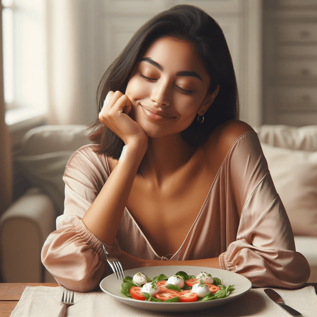 A contented woman sitting at a table, her eyes closed in appreciation as she sits in front of a plate of Caprese salad, with her hand gently resting on her cheek.