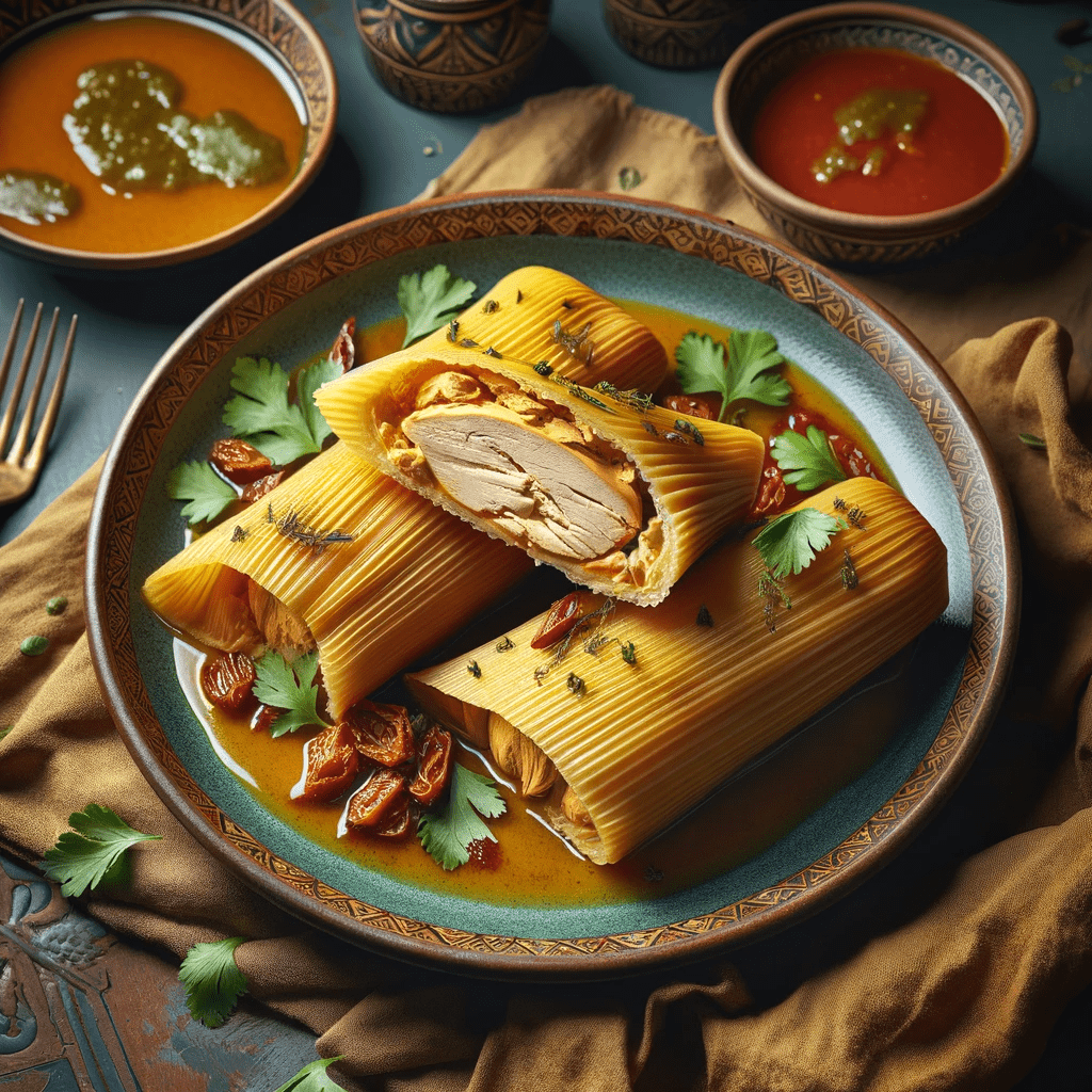 A plate of tamales cut open to reveal a hearty chicken filling, decorated with herbs and placed on an ornate plate, suggesting a nutritious and appealing meal option.