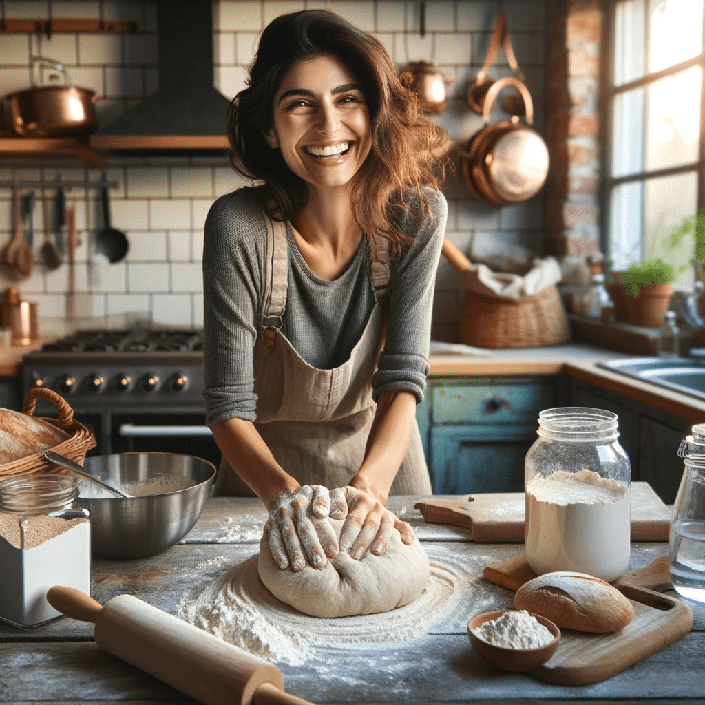 A happy person in an apron kneading dough on a floured surface in a home kitchen.