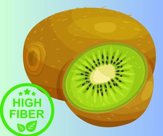 A kiwi with a label "High Fiber" indicating it is a good source of dietary fiber.