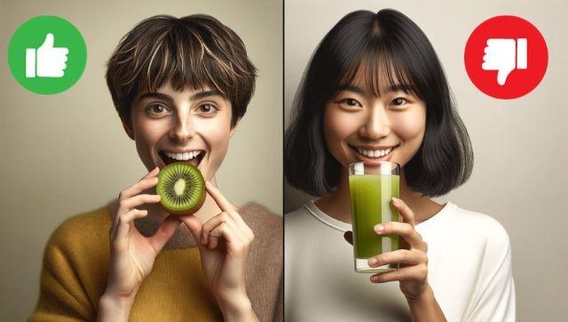 A split-screen image: on the left, a person with short blonde hair gives a thumbs up while eating a raw kiwi; on the right, a person with black hair gives a thumbs down while drinking a glass of kiwi juice, with green and red circles in the background symbolizing their approval and disapproval, respectively.