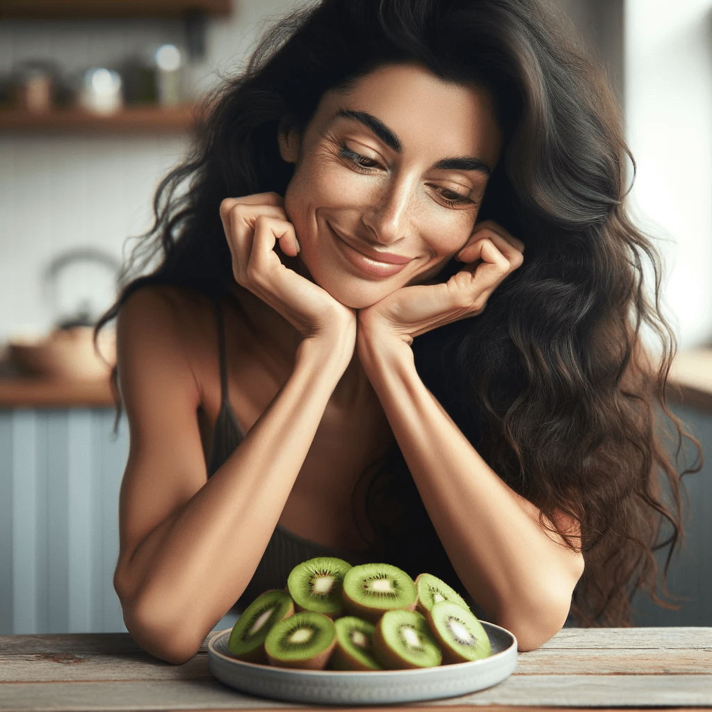 A woman with long, dark wavy hair smiling and gazing down at a plate full of sliced kiwi on a table in a bright kitchen.