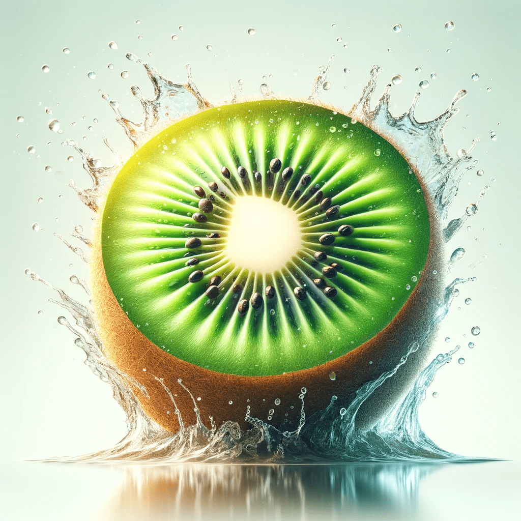 A kiwi fruit cut in half with water splashing around it, symbolizing its high water content.