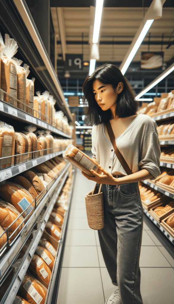 A person shopping for bread, reading the label of a loaf in a supermarket aisle.