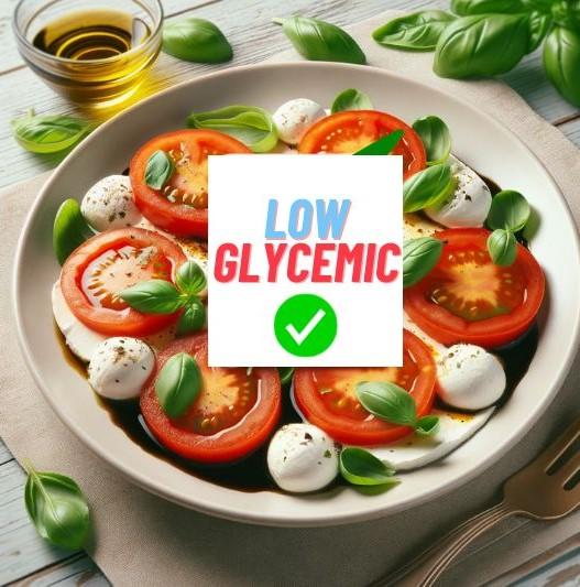A plate of Caprese salad with a "Low Glycemic" check mark superimposed in the center, suggesting the meal is healthy and has a low impact on blood sugar levels.