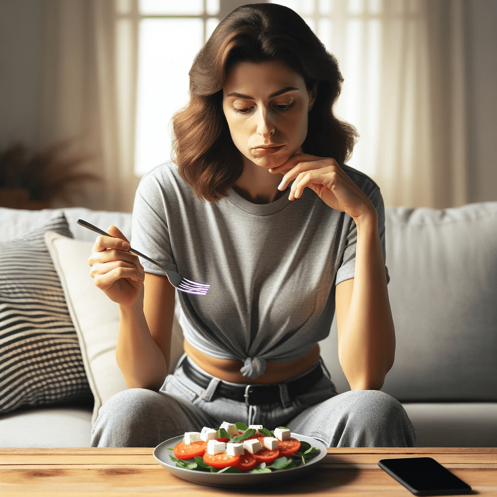 A woman sitting on a couch, looking thoughtfully at a plate of Caprese salad on a coffee table, holding a fork mid-air, with a smartphone beside the plate.
