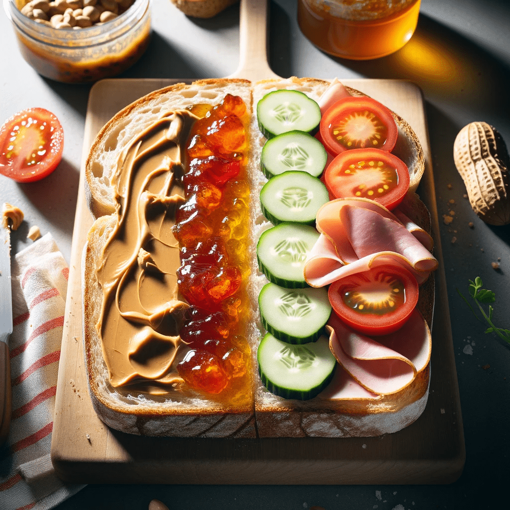 An open sandwich with one half spread with peanut butter and jelly, and the other half topped with cucumber slices and ham.