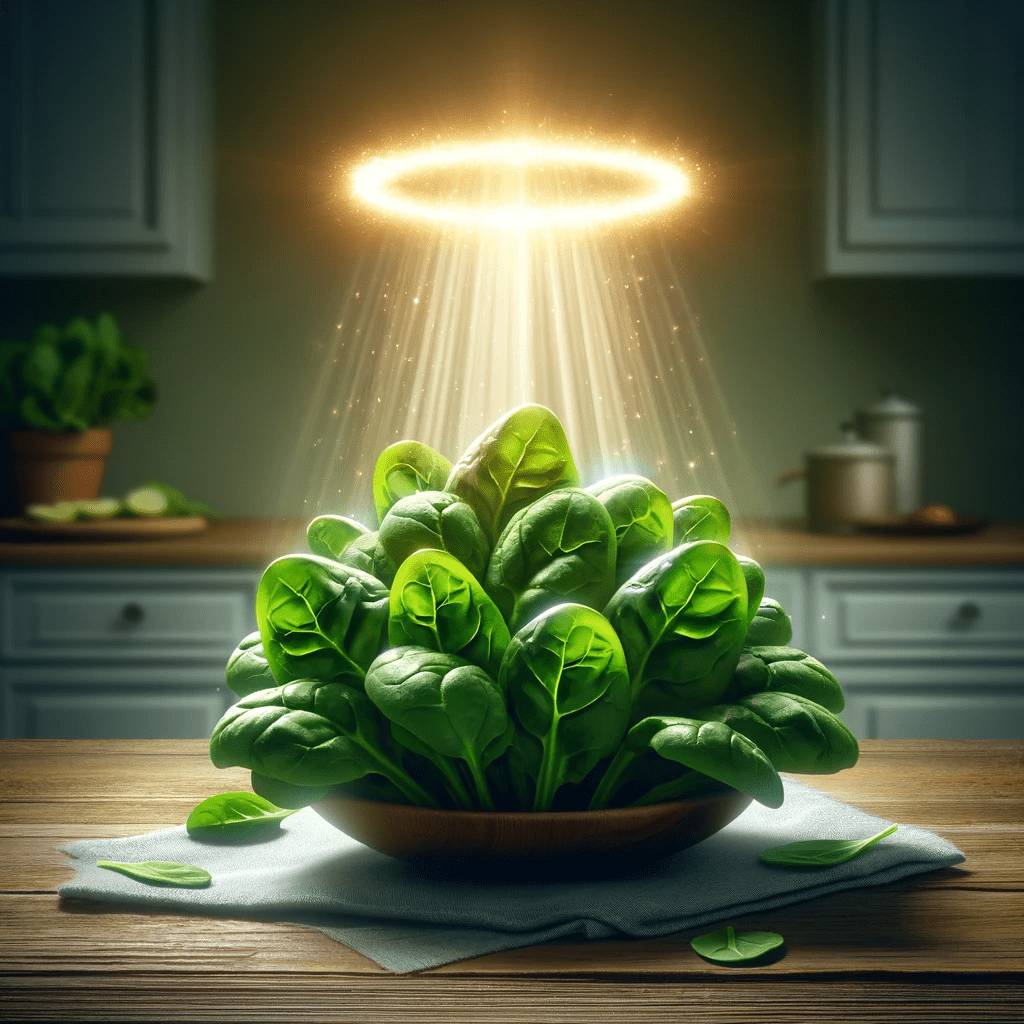 A bright halo shines above a bowl of fresh spinach, representing the health halo effect associated with the vegetable