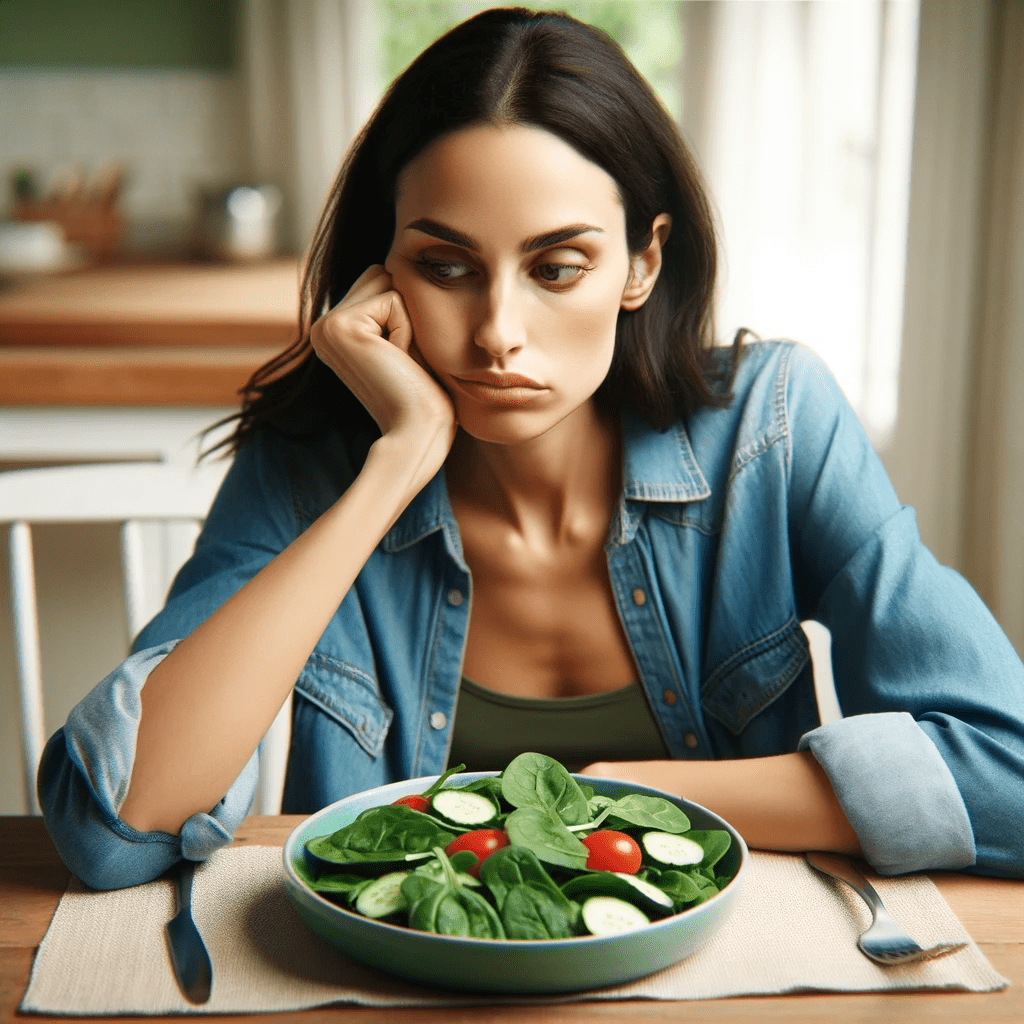 A woman sits at a table, staring with disinterest at a plate of spinach salad, feeling bored with the repetitive meal.