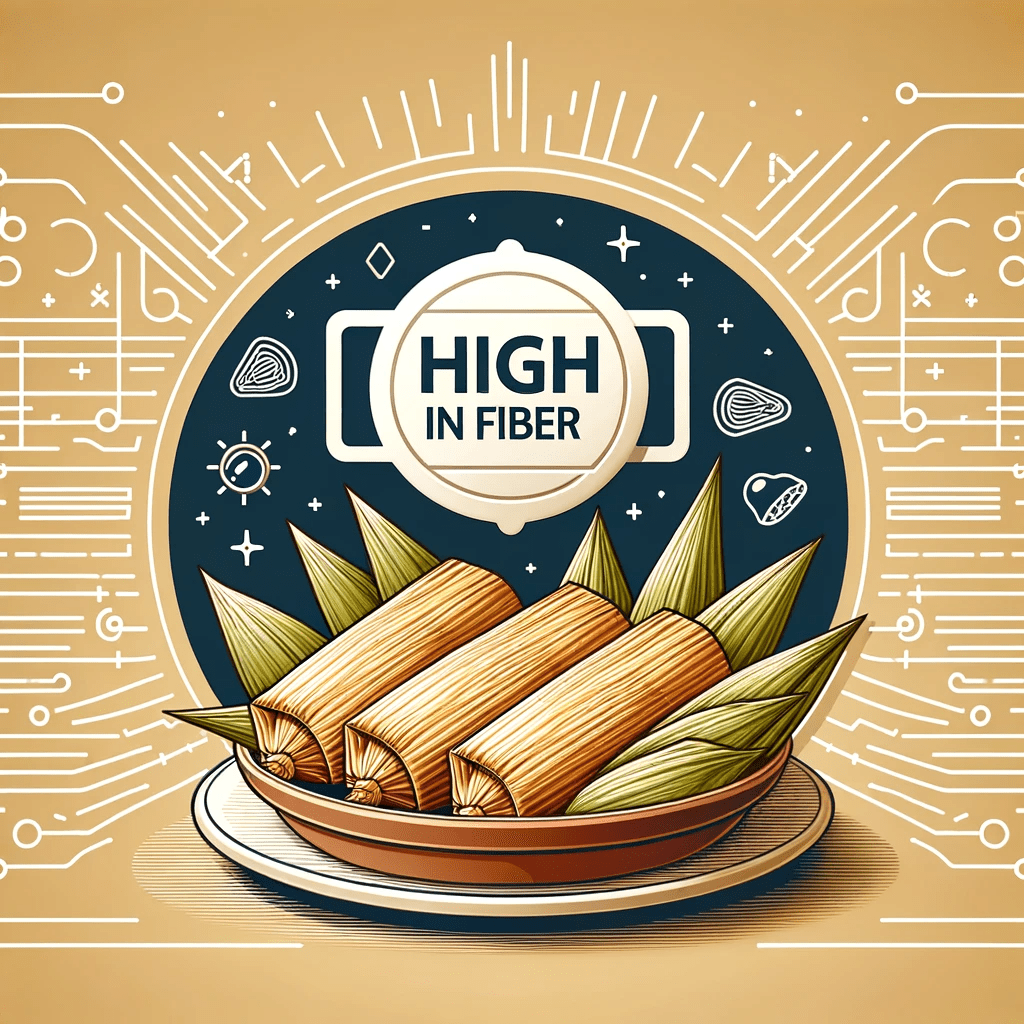 A stylized illustration of a plate of tamales with a "High in Fiber" emblem above, surrounded by circuit-like decorative elements and icons symbolizing health and nutrition