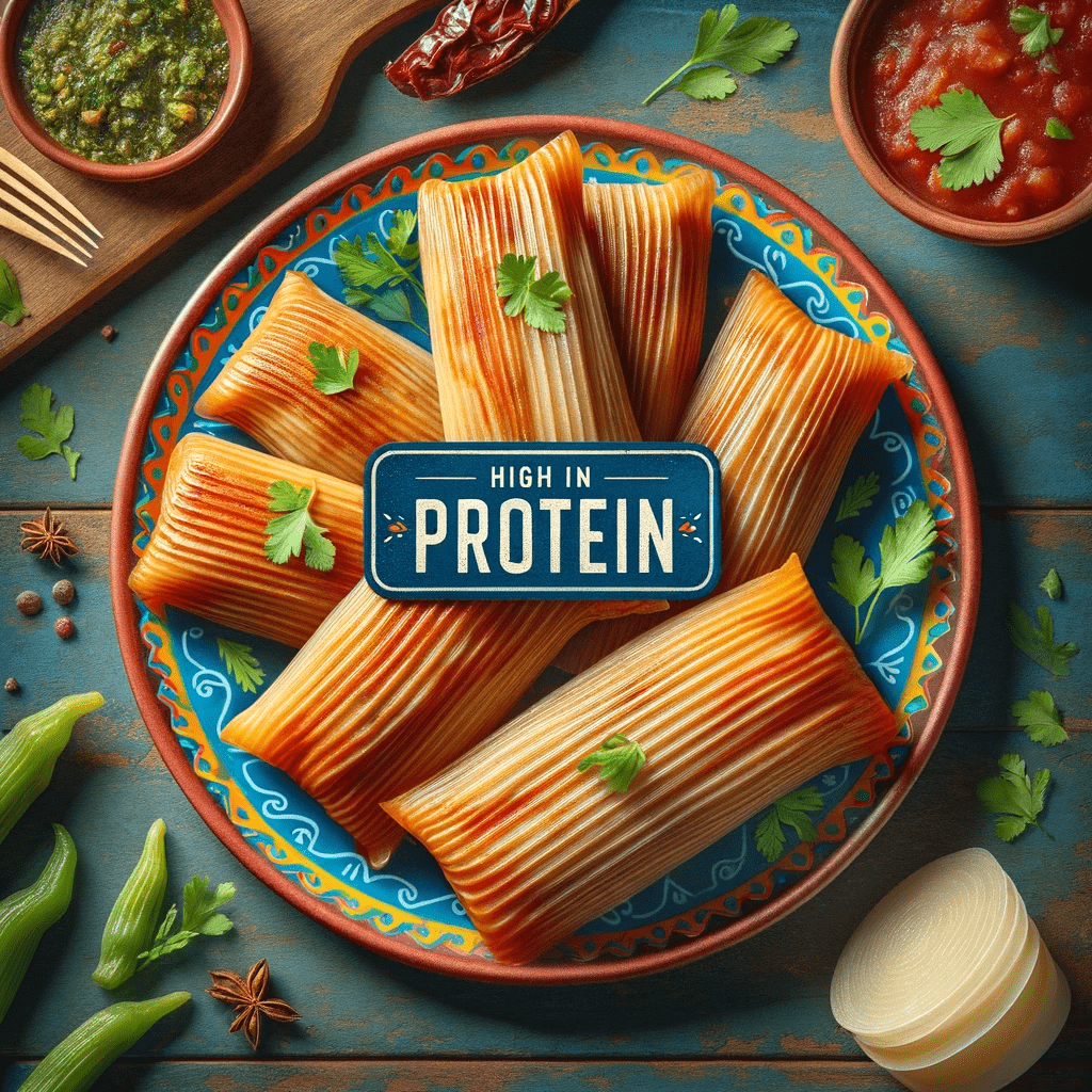 A photo-realistic image of tamales on a colorful plate with a "High in Protein" label, suggesting the meal is rich in protein. The plate is decorated with traditional patterns and surrounded by ingredients like salsa and herbs.