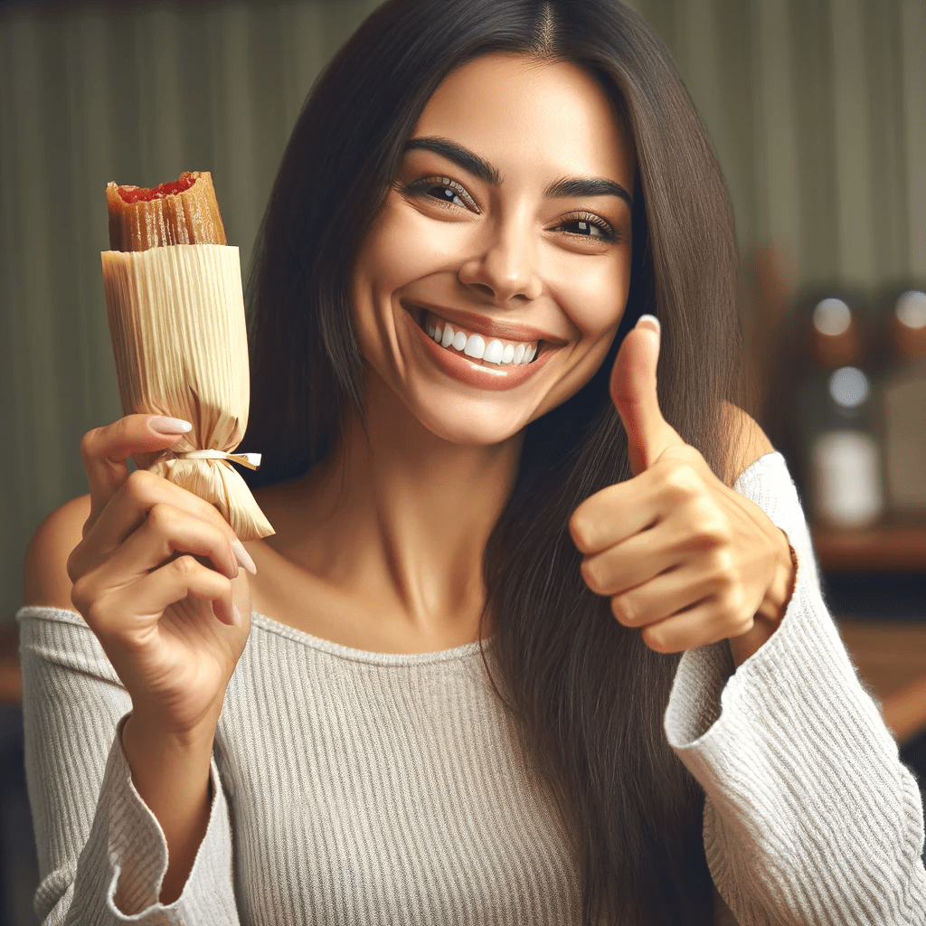  A woman smiling joyfully, giving a thumbs-up while holding a tamale, suggesting her enjoyment and approval of the food.