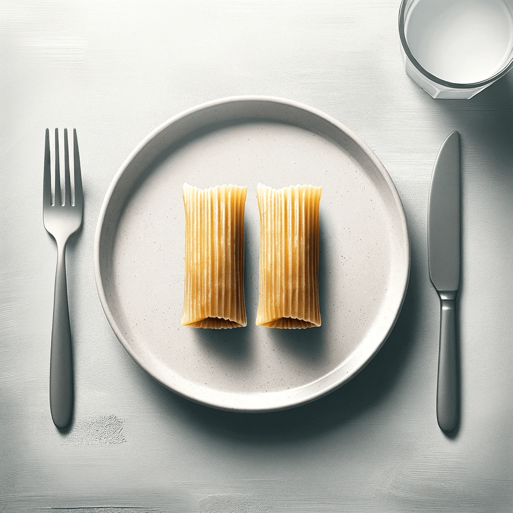  A minimalist image showing two tamales on a plate, depicting portion control with plenty of empty space on the plate, accompanied by a fork and knife.