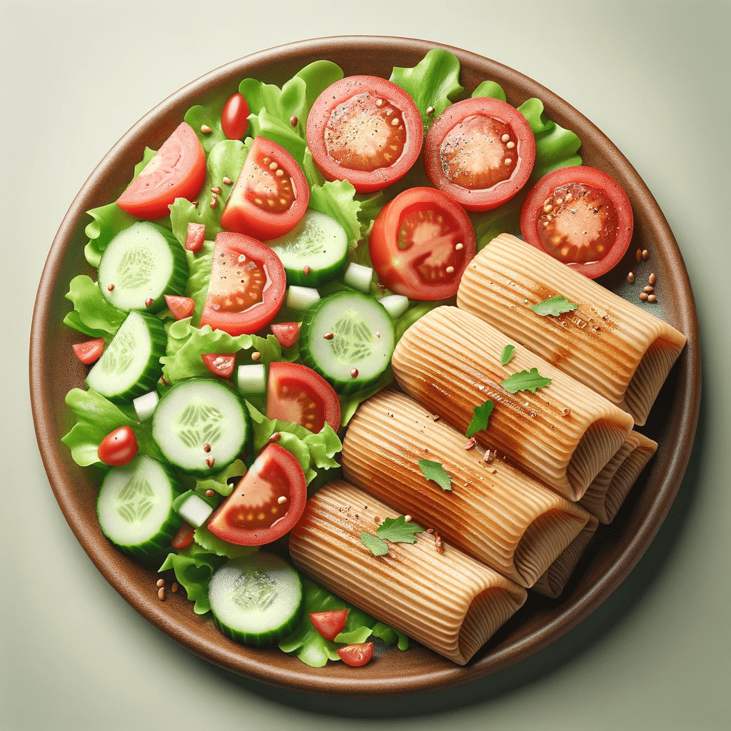A plate of tamales served with a fresh mixed salad on the side, including sliced tomatoes, lettuce, and cucumber, for a balanced meal presentation.