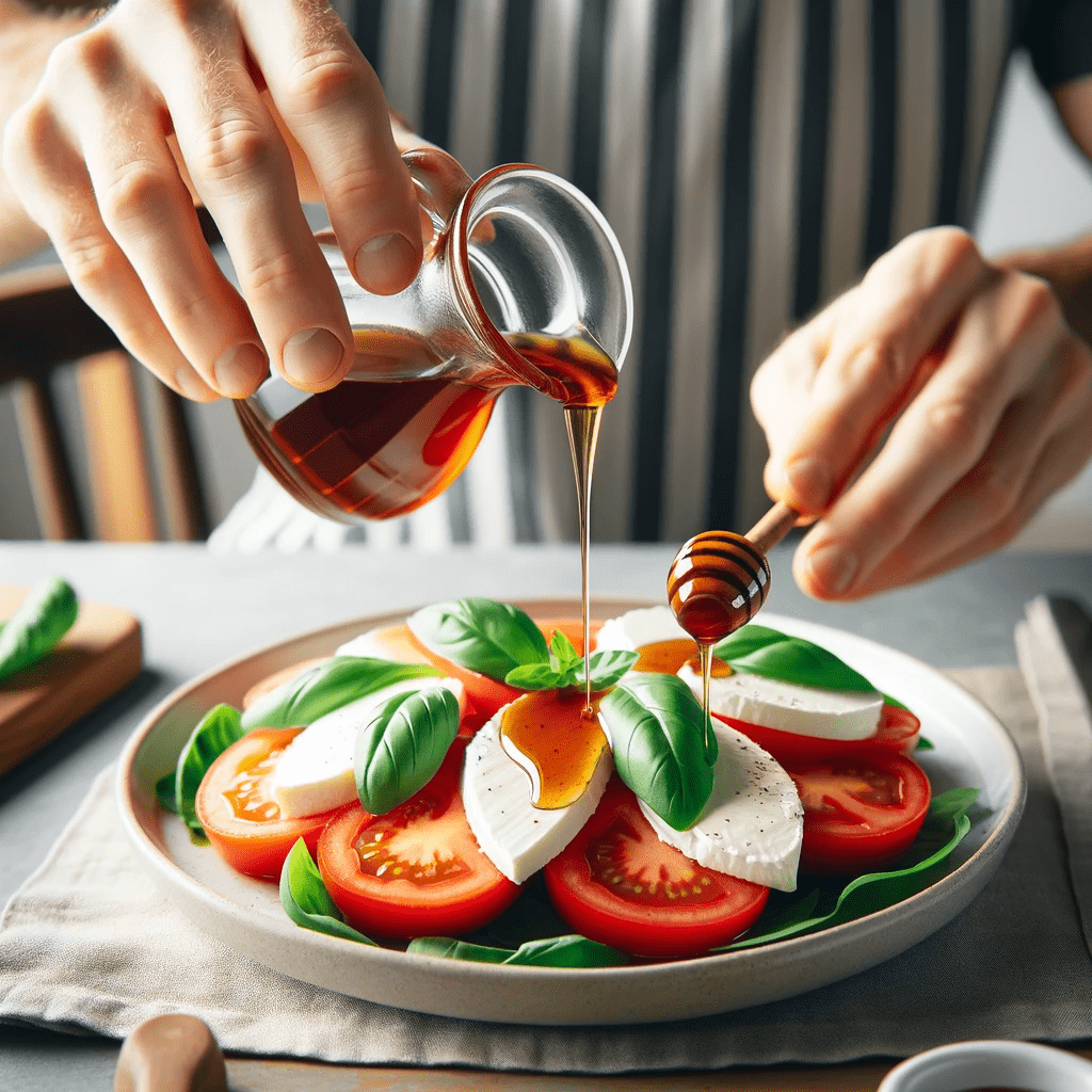 Close-up of hands pouring maple syrup over a Caprese salad, highlighting the drizzle of syrup and capturing the detail of the fresh ingredients.