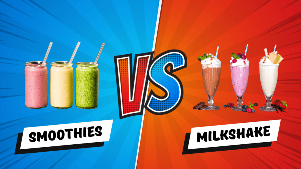 Graphic comparing smoothies and milkshakes, with three jars of pink, yellow, and green smoothies on the left, and three glasses of chocolate, berry, and vanilla milkshakes on the right, divided by a "VS" symbol.