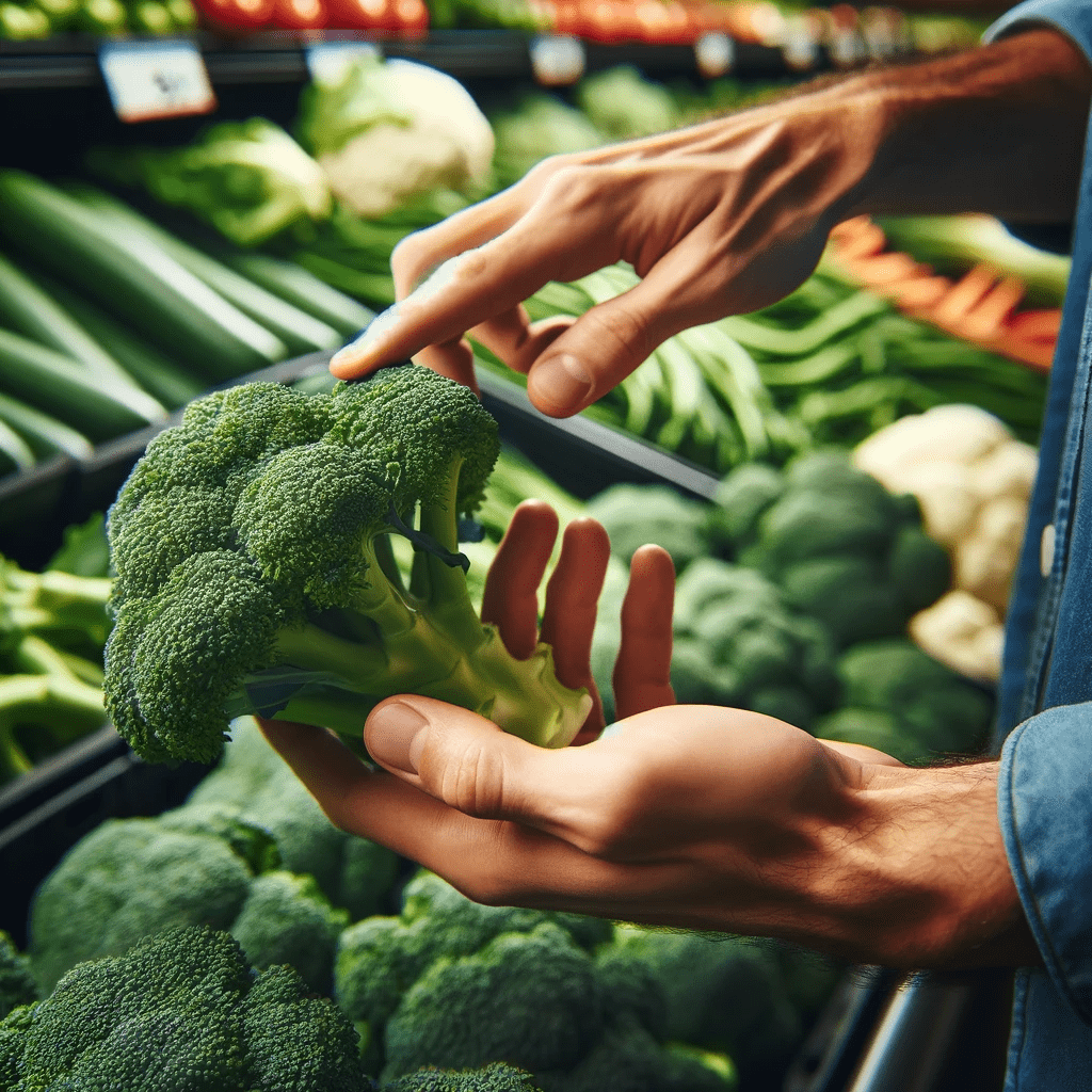 A hand selecting a head of broccoli from a grocery store produce section.
