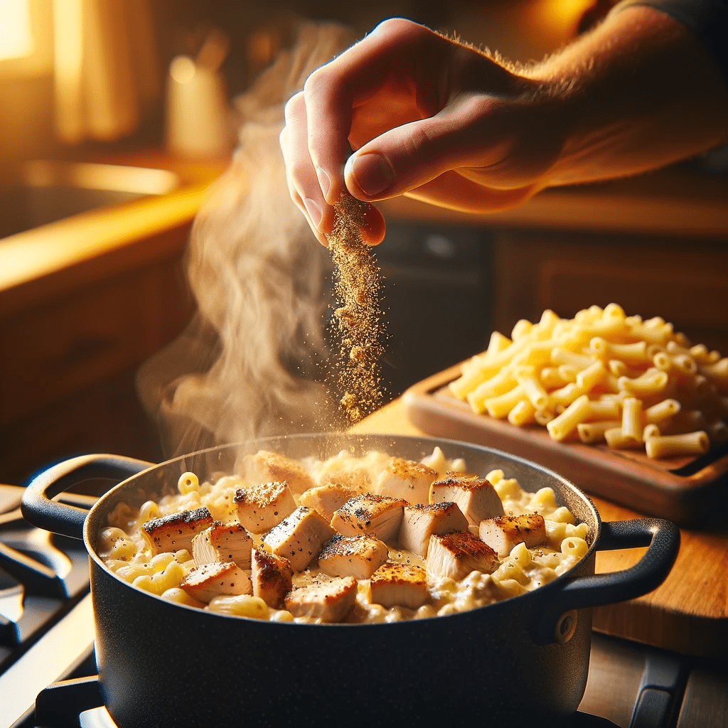 A hand sprinkling spiced on diced chicken over a pot of mac and cheese.
