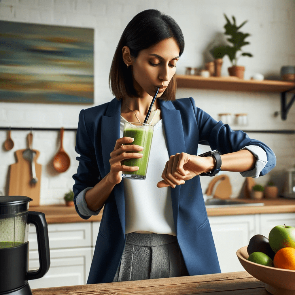 A woman drinking a green smoothie while checking the time, signifying a busy morning.