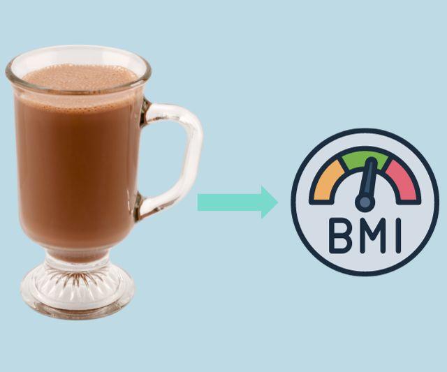 A cup of hot chocolate with an arrow pointing towards a BMI gauge, symbolizing a potential impact on body weight management.