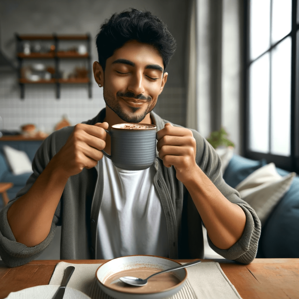 A person smiling with eyes closed, savoring a sip of hot chocolate, implying satisfaction and decreased hunger.
