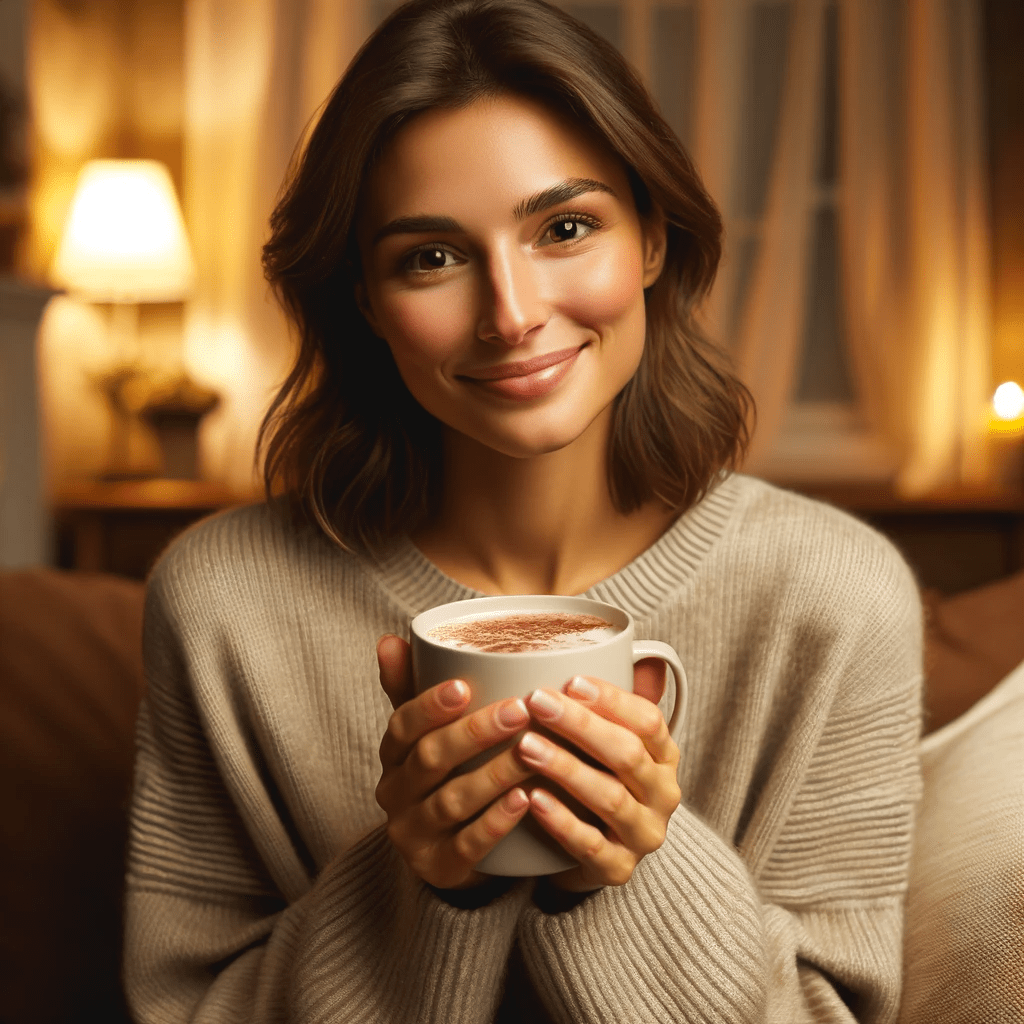 A woman with a serene smile holding a mug of hot chocolate, suggesting comfort and improved mood.